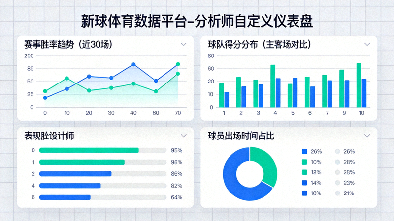 新球体育数据平台分析师自定义仪表盘界面截图，展示多种数据可视化图表